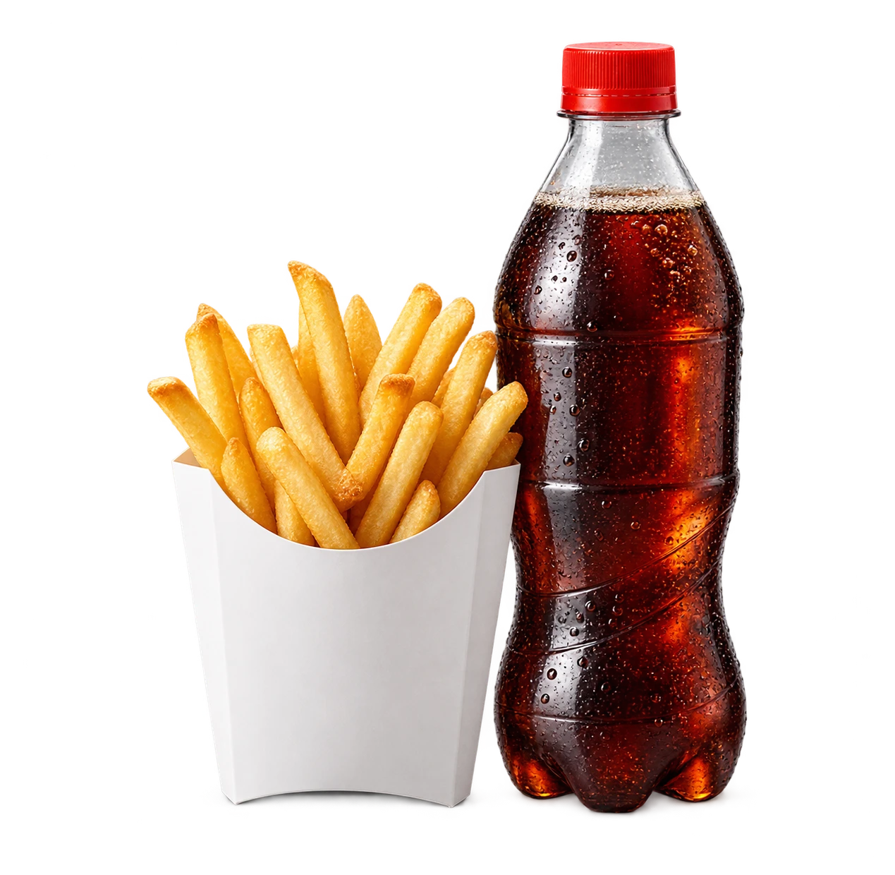 Papas a la francesa y refresco en botella PET